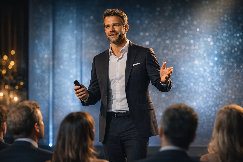 Moderator mit Mikrofon auf einer Veranstaltung